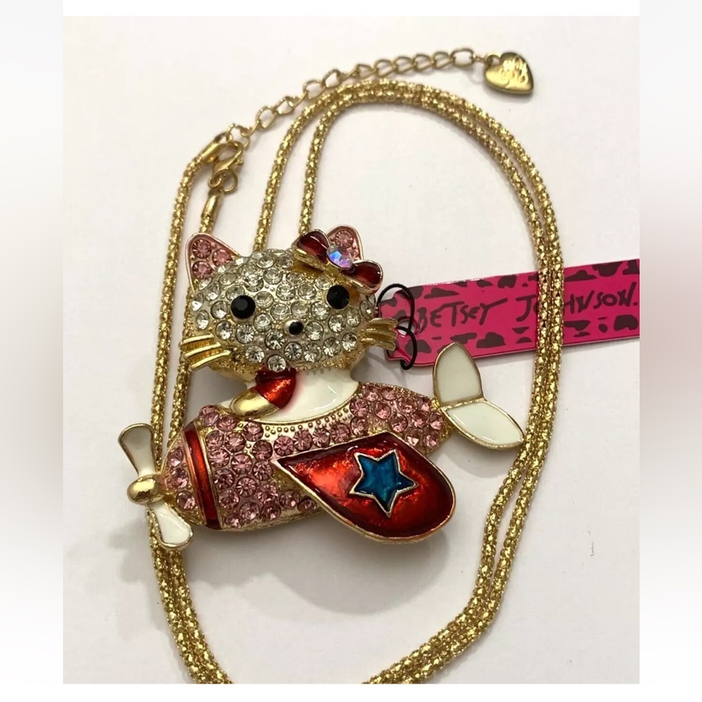 Betsey Johnson Crystal Rhinestones Kitty Cat Pilot Brooch Pendant Necklace NWT